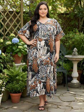 Tropical Leaf Printed Polyester Caftan Dress Plus Size Cover Up Beach Maxi Dress
